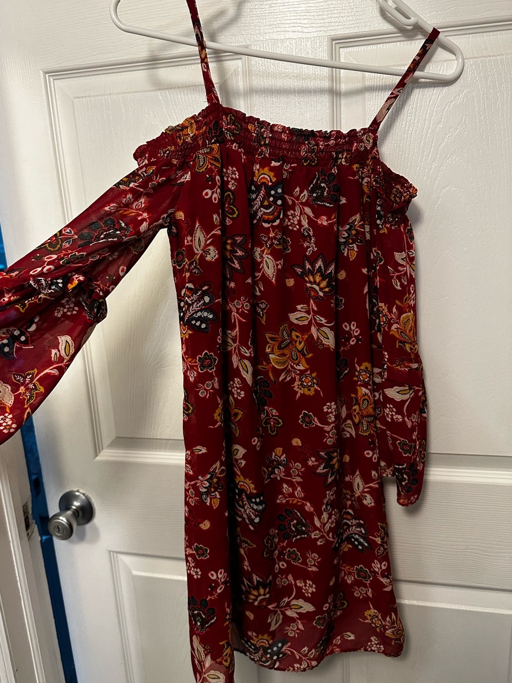 BCX Deep Red Peasant Blouse with Floral Trim
